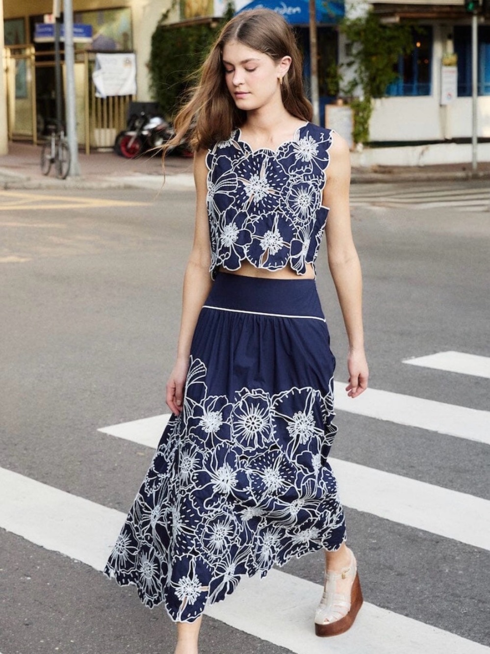 NWT Navy Embroidered Floral A-Line Maxi Skirt